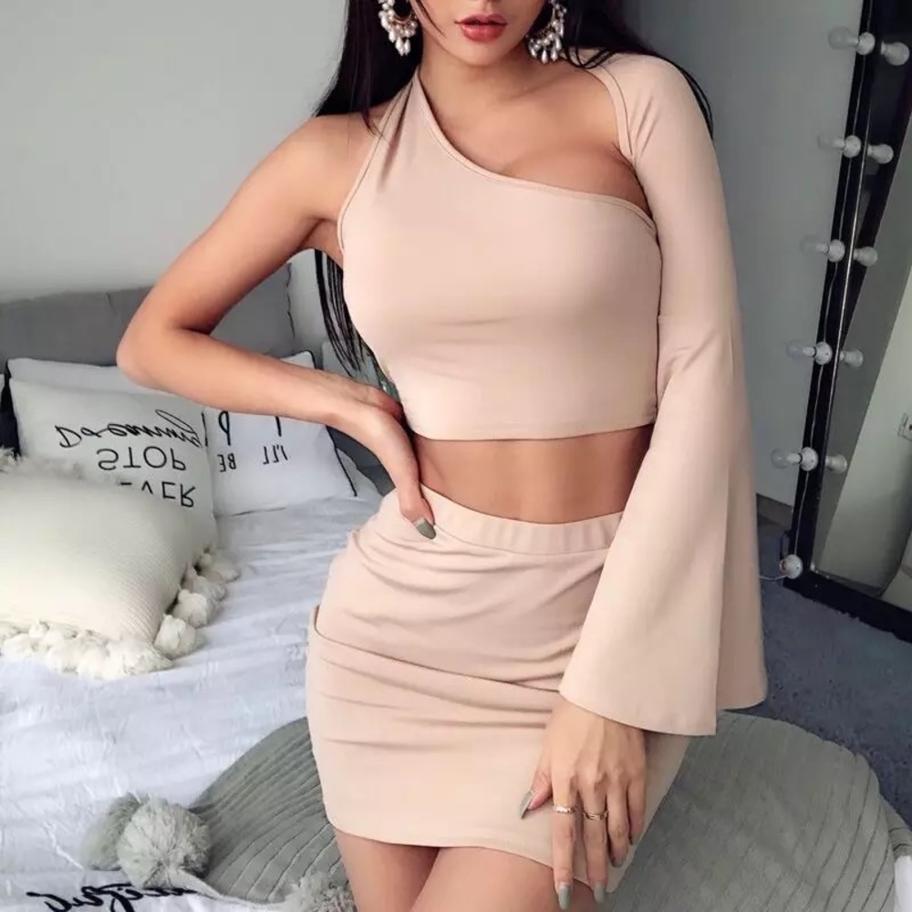 Nude 1 shoulder 2 piece set with top & mini skirt